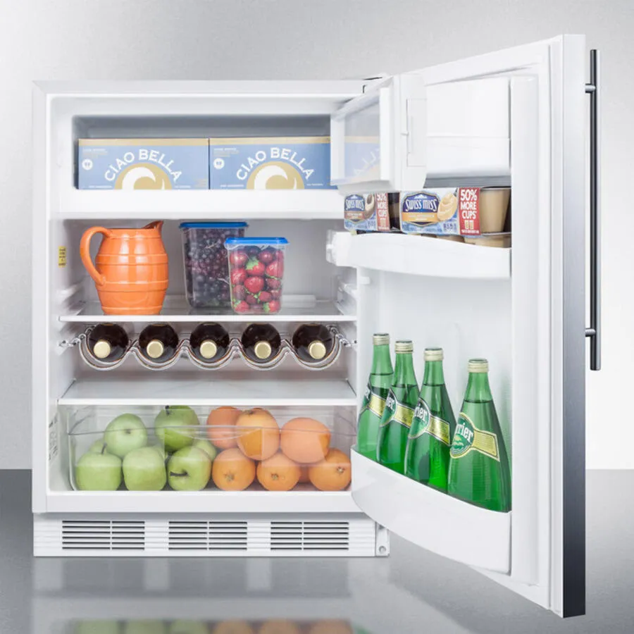 Summit CT661BISSHV Built-In Undercounter Refrigerator-Freezer For Residential Use, Cycle Defrost W/Deluxe Interior, Stainless Steel Wrapped Door, Thin Handle, And White Cabinet