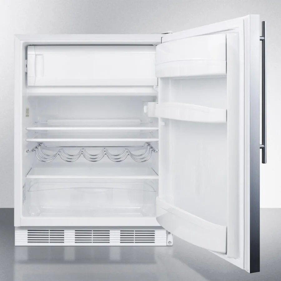 Summit CT661BISSHV Built-In Undercounter Refrigerator-Freezer For Residential Use, Cycle Defrost W/Deluxe Interior, Stainless Steel Wrapped Door, Thin Handle, And White Cabinet