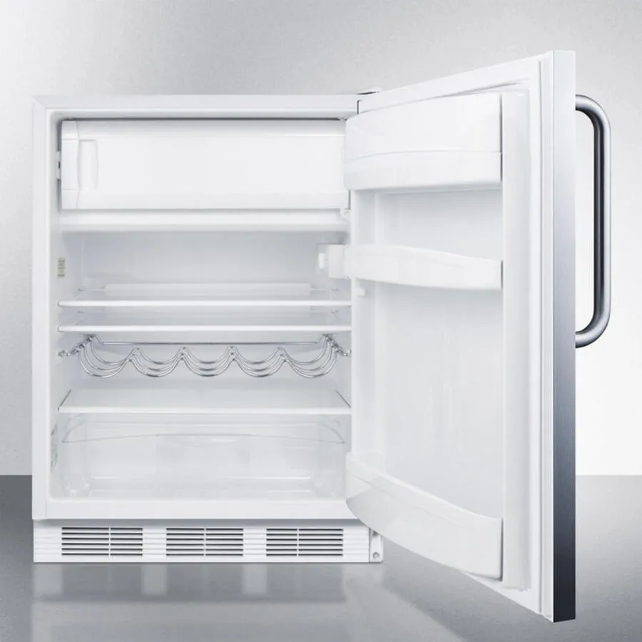 Summit CT661BISSTB Built-In Undercounter Refrigerator-Freezer For Residential Use, Cycle Defrost With A Stainless Steel Wrapped Door, Towel Bar Handle, And White Cabinet