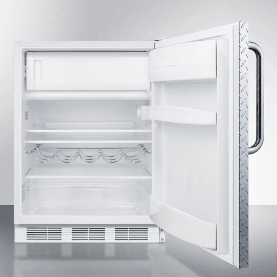 Summit CT661DPL Freestanding Counter Height Refrigerator-Freezer For Residential Use, Cycle Defrost With A Diamond Plate Wrapped Door, Towel Bar Handle, And White Cabinet