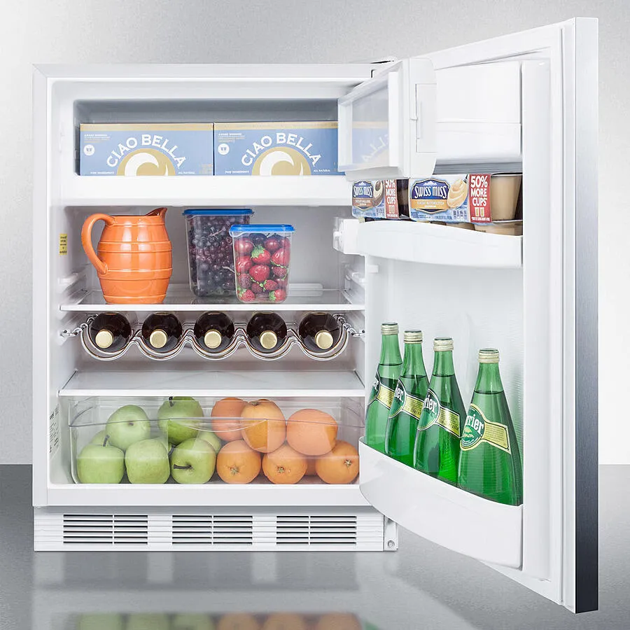 Summit CT661WBISSHH Built-In Undercounter Refrigerator-Freezer For Residential Use, Cycle Defrost With A Stainless Steel Wrapped Door, Horizontal Handle, And White Cabinet