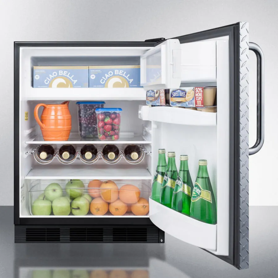 Summit CT663BBIDPL Built-In Undercounter Refrigerator-Freezer For Residential Use, Cycle Defrost With A Diamond Plate Wrapped Door, Towel Bar Handle, And Black Cabinet