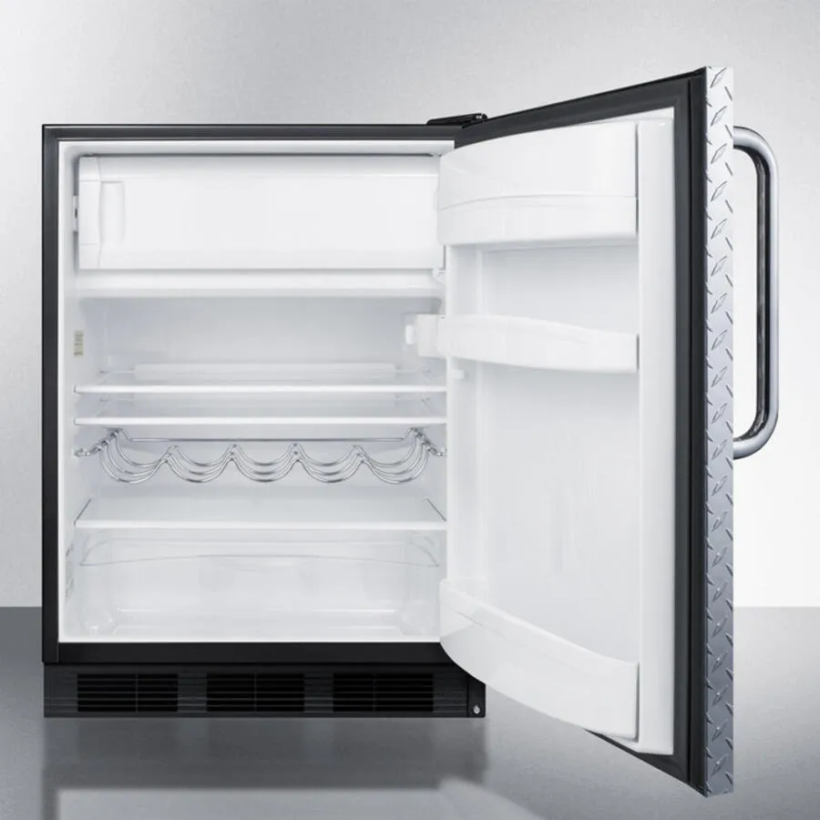 Summit CT663BBIDPL Built-In Undercounter Refrigerator-Freezer For Residential Use, Cycle Defrost With A Diamond Plate Wrapped Door, Towel Bar Handle, And Black Cabinet