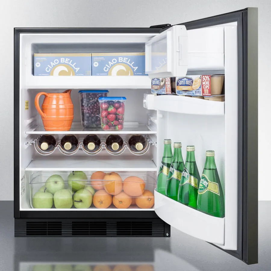 Summit CT663BBIKSHH Built-In Undercounter Refrigerator-Freezer For Residential Use, Cycle Defrost With Black Stainless Steel Wrapped Door, Horizontal Handle, And Black Cabinet