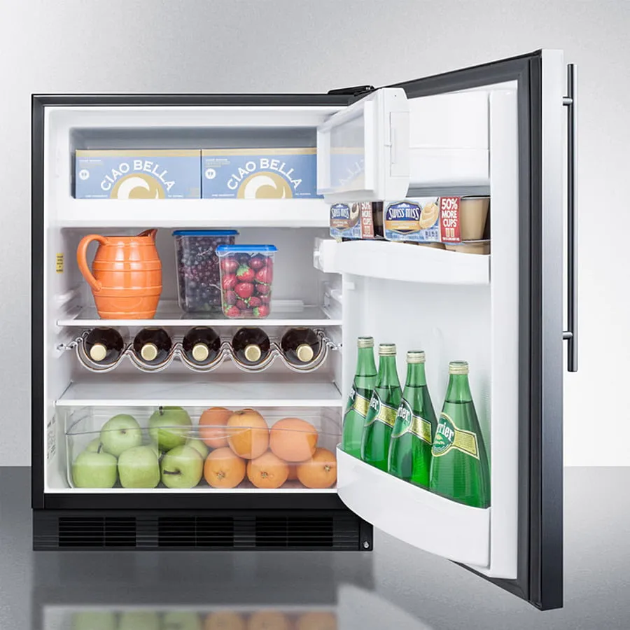 Summit CT663BKBISSHV Built-In Undercounter Refrigerator-Freezer For Residential Use, Cycle Defrost W/Deluxe Interior, Stainless Steel Wrapped Door, Thin Handle, And Black Cabinet
