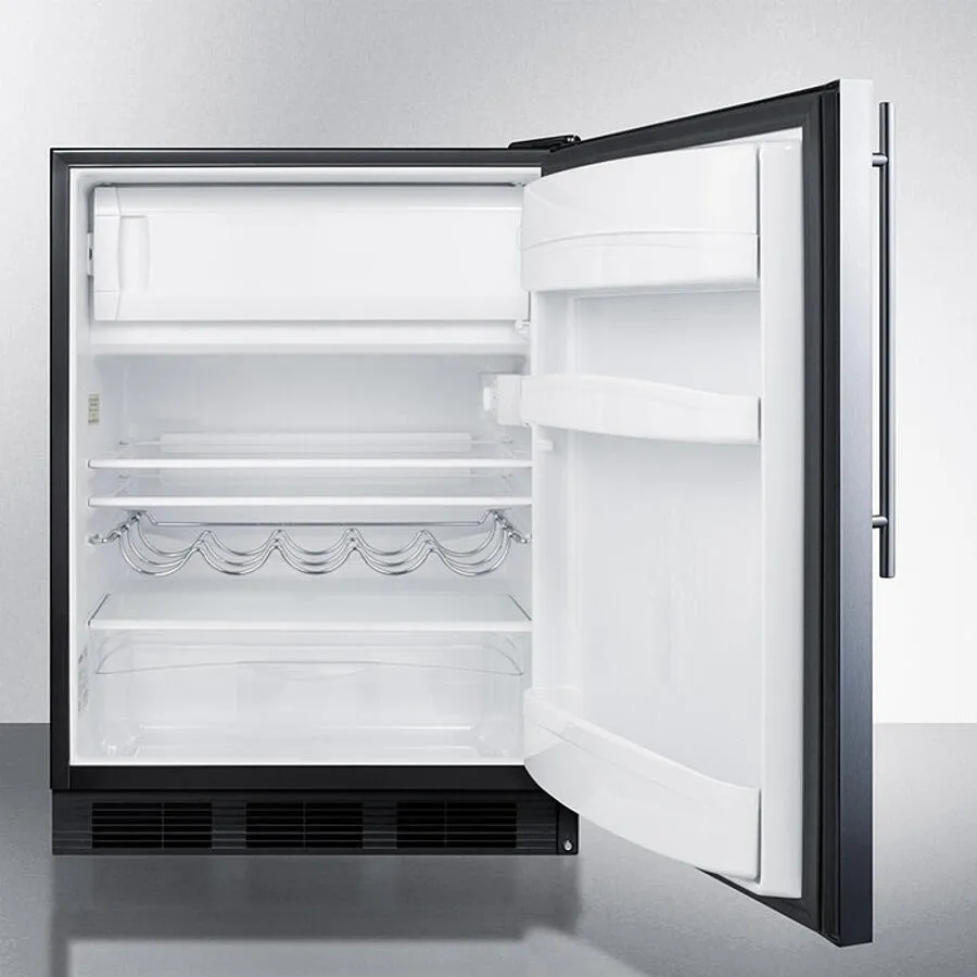 Summit CT663BKBISSHV Built-In Undercounter Refrigerator-Freezer For Residential Use, Cycle Defrost W/Deluxe Interior, Stainless Steel Wrapped Door, Thin Handle, And Black Cabinet