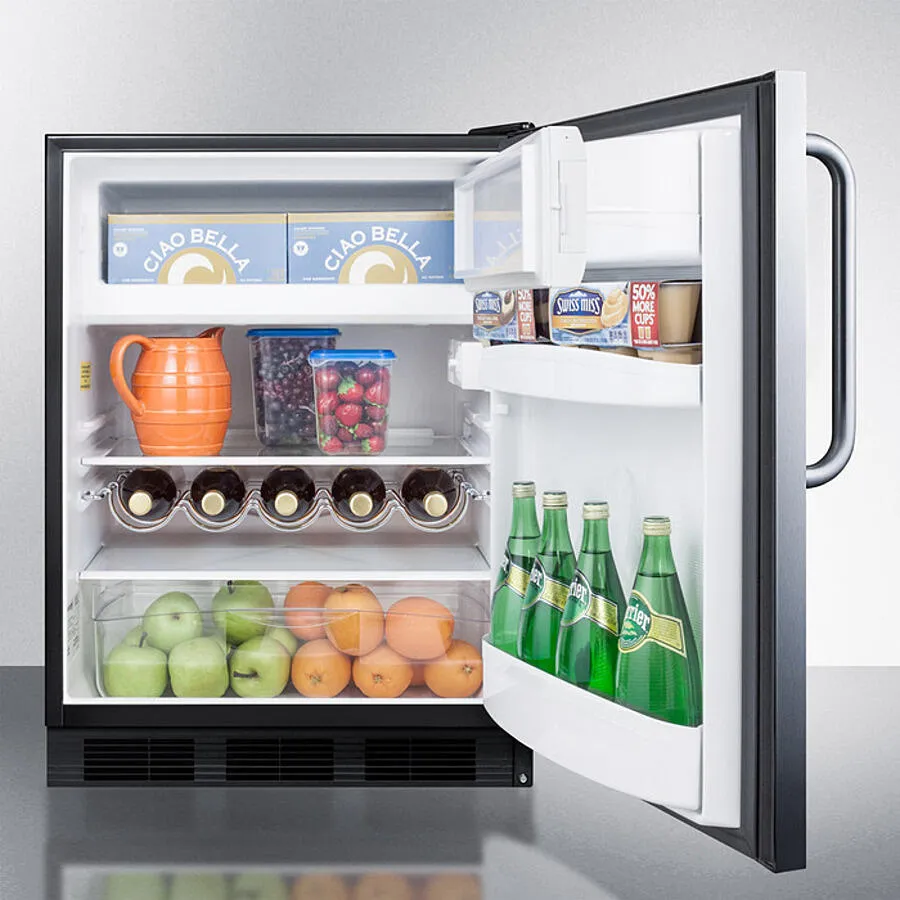 Summit CT663BKSSTB Freestanding Counter Height Refrigerator-Freezer For Residential Use, Cycle Defrost With A Stainless Steel Wrapped Door, Towel Bar Handle, And Black Cabinet