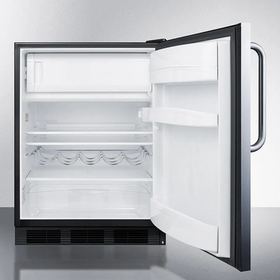 Summit CT663BKSSTB Freestanding Counter Height Refrigerator-Freezer For Residential Use, Cycle Defrost With A Stainless Steel Wrapped Door, Towel Bar Handle, And Black Cabinet