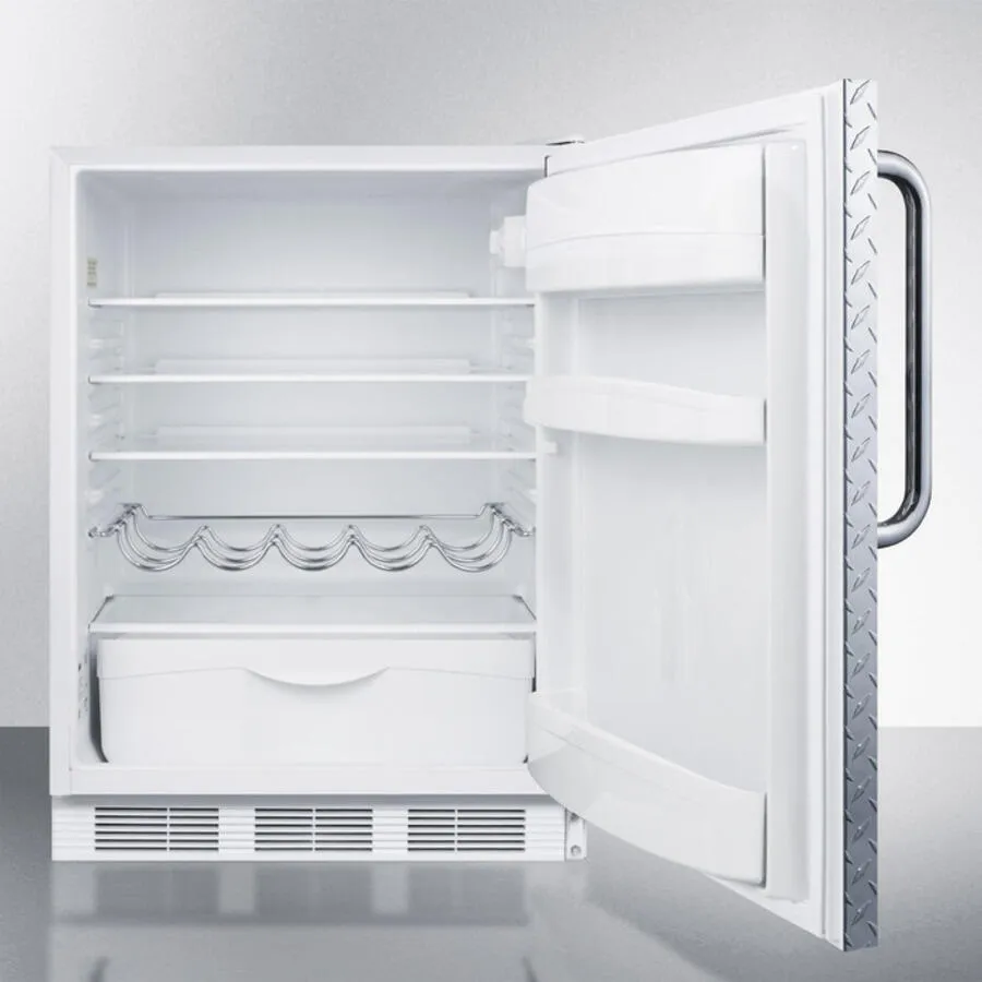 Summit FF61BIDPL Built-In Undercounter All-Refrigerator For Residential Use, Auto Defrost With A Diamond Plate Door, Towel Bar Handle, And White Cabinet