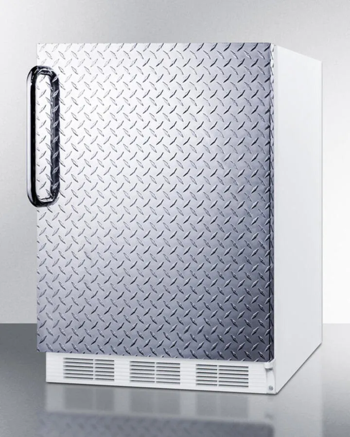 Summit FF61BIDPL Built-In Undercounter All-Refrigerator For Residential Use, Auto Defrost With A Diamond Plate Door, Towel Bar Handle, And White Cabinet