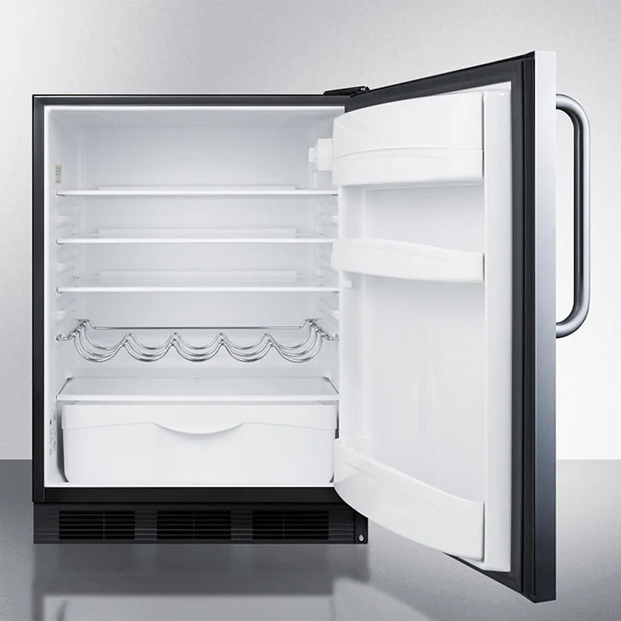 Summit FF63BKBISSTBADA Ada Compliant Built-In Undercounter All-Refrigerator For Residential Use, Auto Defrost With Stainless Steel Wrapped Door, Towel Bar Handle, And Black Cabinet