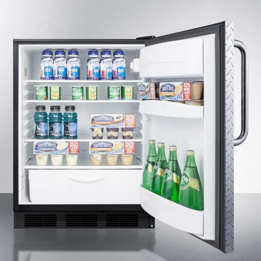 Summit FF6B7DPLADA Ada Compliant Commercial All-Refrigerator For Freestanding General Purpose Use, Auto Defrost With Diamond Plate Door, Towel Bar Handle, And Black Cabinet
