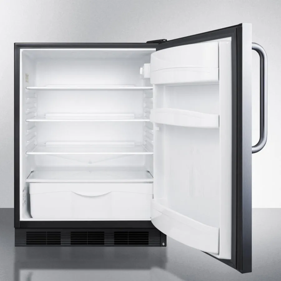 Summit FF6BBISSTBADA Ada Compliant All-Refrigerator For Built-In General Purpose Use, Auto Defrost W/Stainless Steel Wrapped Door, Towel Bar Handle, And Black Cabinet