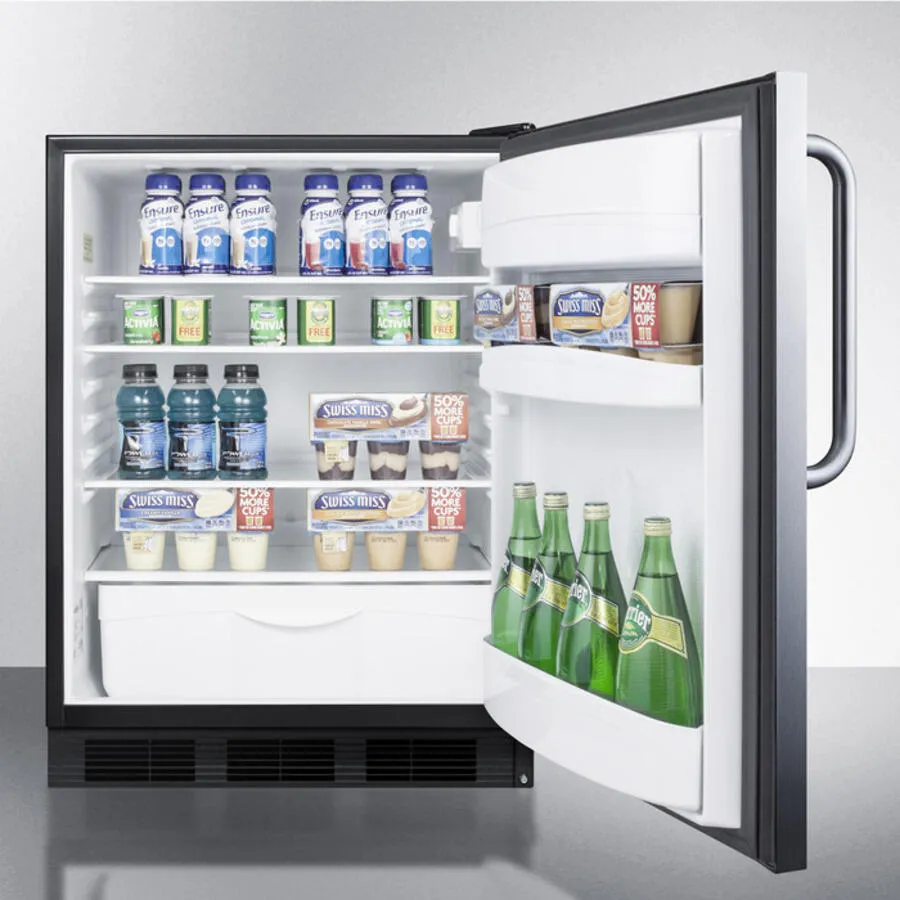 Summit FF6BBISSTBADA Ada Compliant All-Refrigerator For Built-In General Purpose Use, Auto Defrost W/Stainless Steel Wrapped Door, Towel Bar Handle, And Black Cabinet