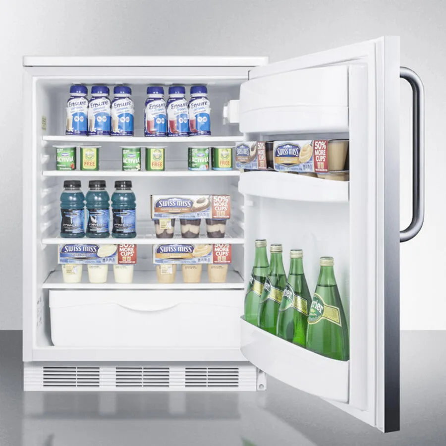 Summit FF6BISSTB Built-In Undercounter All-Refrigerator For General Purpose Use W/Automatic Defrost, Stainless Steel Wrapped Door, Towel Bar Handle, And White Cabinet