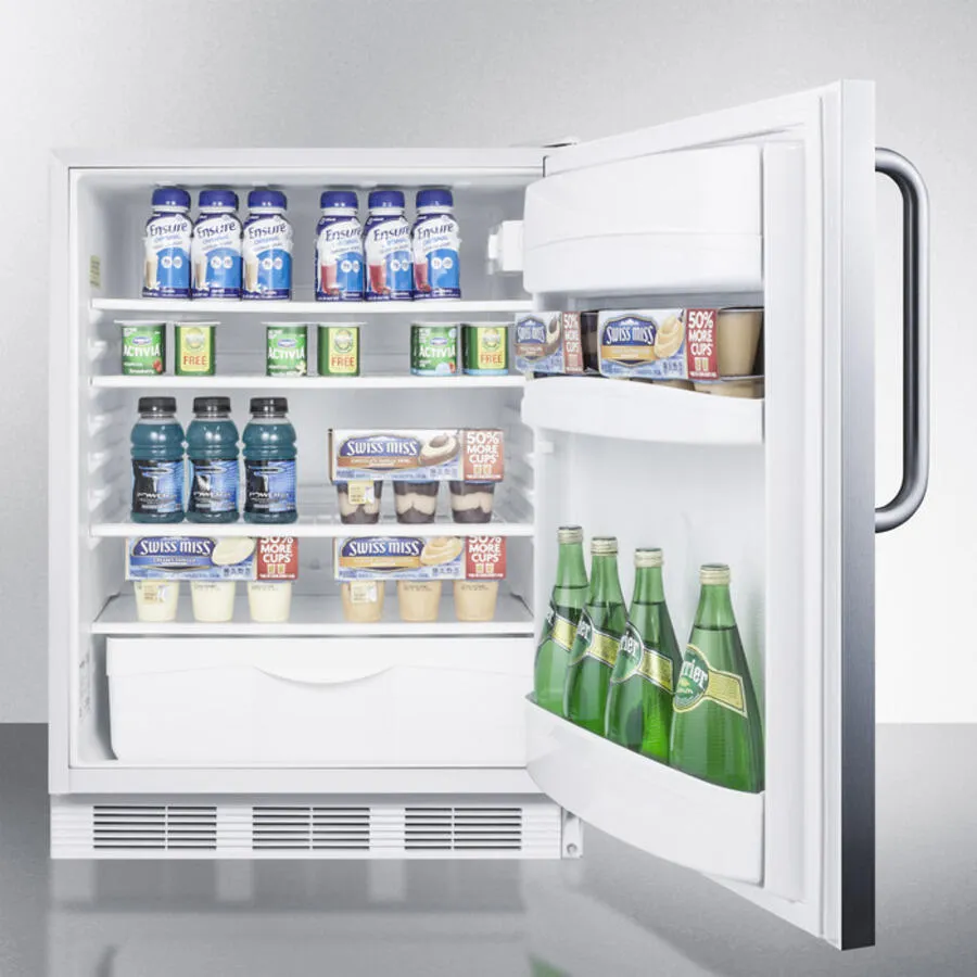 Summit FF6BISSTBADA Ada Compliant All-Refrigerator For Built-In General Purpose Use, Auto Defrost W/Stainless Steel Wrapped Door, Towel Bar Handle, And White Cabinet