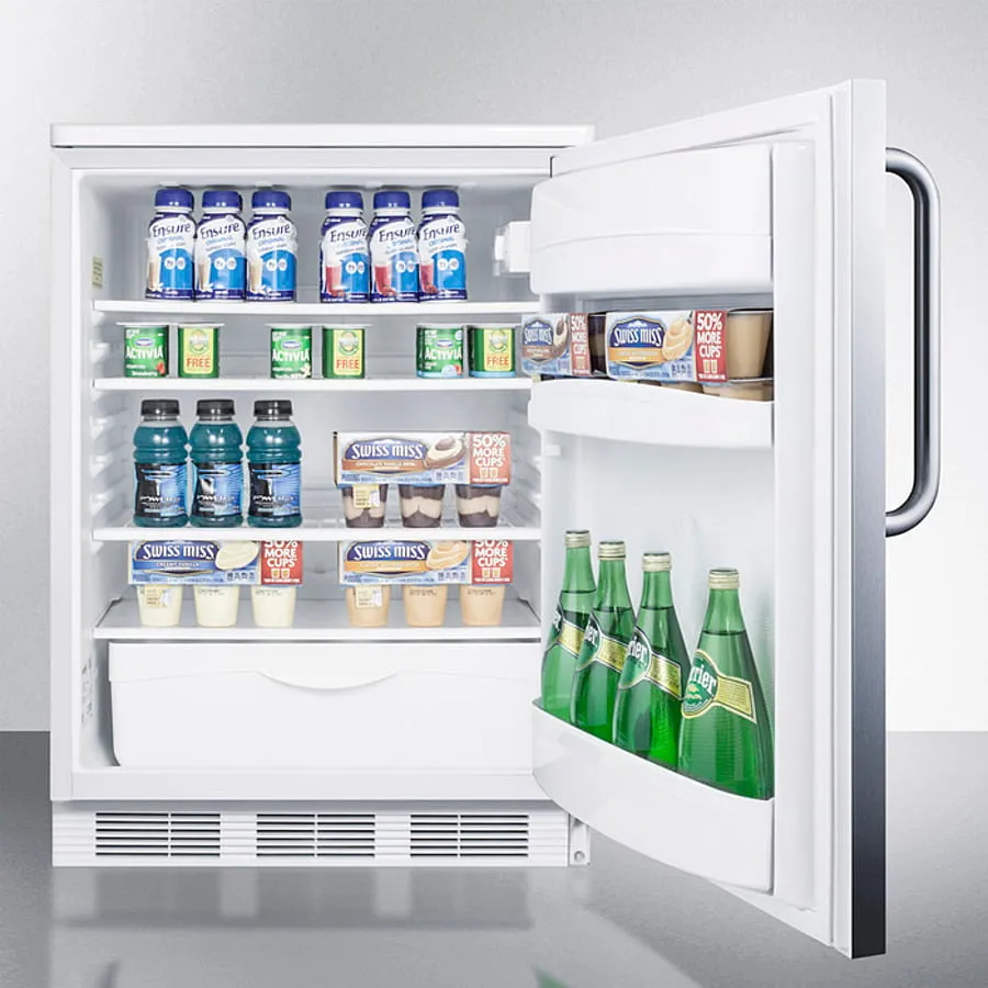 Summit FF6WSSTB Freestanding Counter Height All-Refrigerator For General Purpose Use, Auto Defrost W/Stainless Steel Wrapped Door, Towel Bar Handle, And White Cabinet