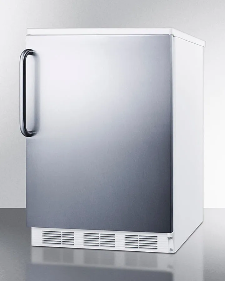 Summit FF6WSSTB Freestanding Counter Height All-Refrigerator For General Purpose Use, Auto Defrost W/Stainless Steel Wrapped Door, Towel Bar Handle, And White Cabinet