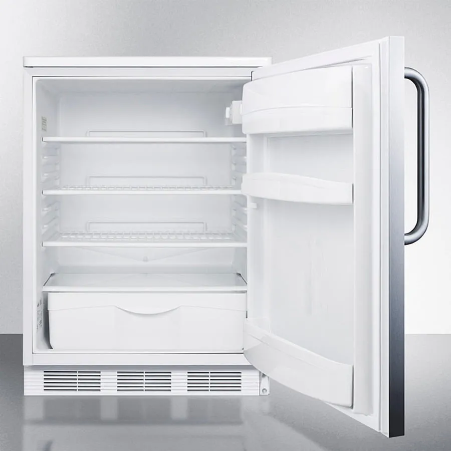 Summit FF6WSSTB Freestanding Counter Height All-Refrigerator For General Purpose Use, Auto Defrost W/Stainless Steel Wrapped Door, Towel Bar Handle, And White Cabinet