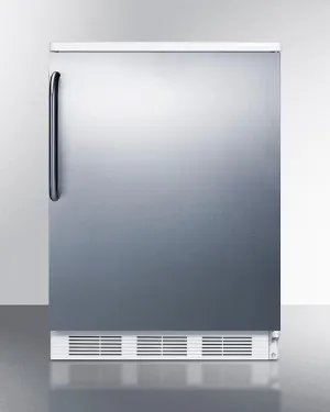 Summit FF6WSSTB Freestanding Counter Height All-Refrigerator For General Purpose Use, Auto Defrost W/Stainless Steel Wrapped Door, Towel Bar Handle, And White Cabinet