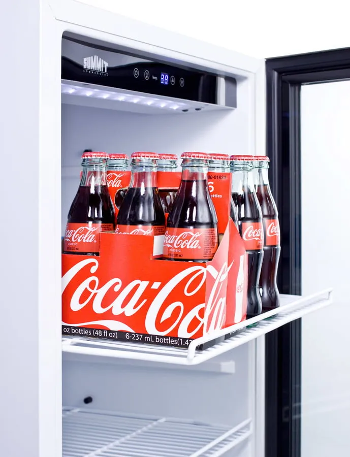 Summit SCR1006 9 Cu.Ft. Commercial Glass Door Beverage Merchandiser Designed For The Display And Refrigeration Of Beverages And Sealed Food, With Digital Controls, Led Lighting, Full Interior Display, And A White Cabinet