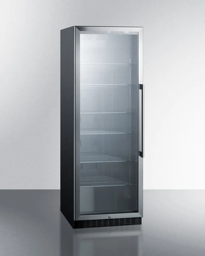 Summit SCR1401LH Full-Size Commercial Beverage Merchandiser Designed For The Display And Refrigeration Of Beverages And Sealed Food, With Stainless Steel Interior, Self-Closing Glass Door With A Left Hand Swing, And Black Cabinet