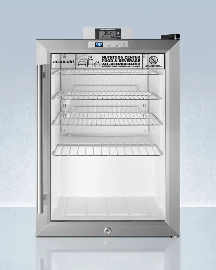 Summit SCR312LNZ Commercially Approved Compact Nutrition Center Series Glass Door All-Refrigerator With Front Lock And Digital Temperature Display