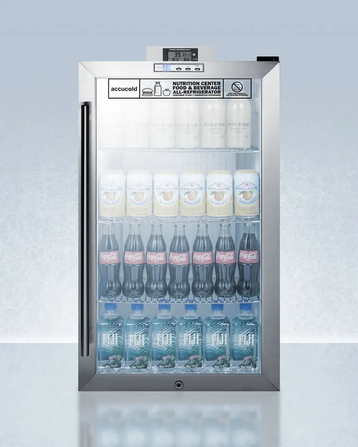 Summit SCR486LNZ Commercially Approved Nutrition Center Series Glass Door All-Refrigerator For Freestanding Use, With Front Lock And Digital Temperature Display