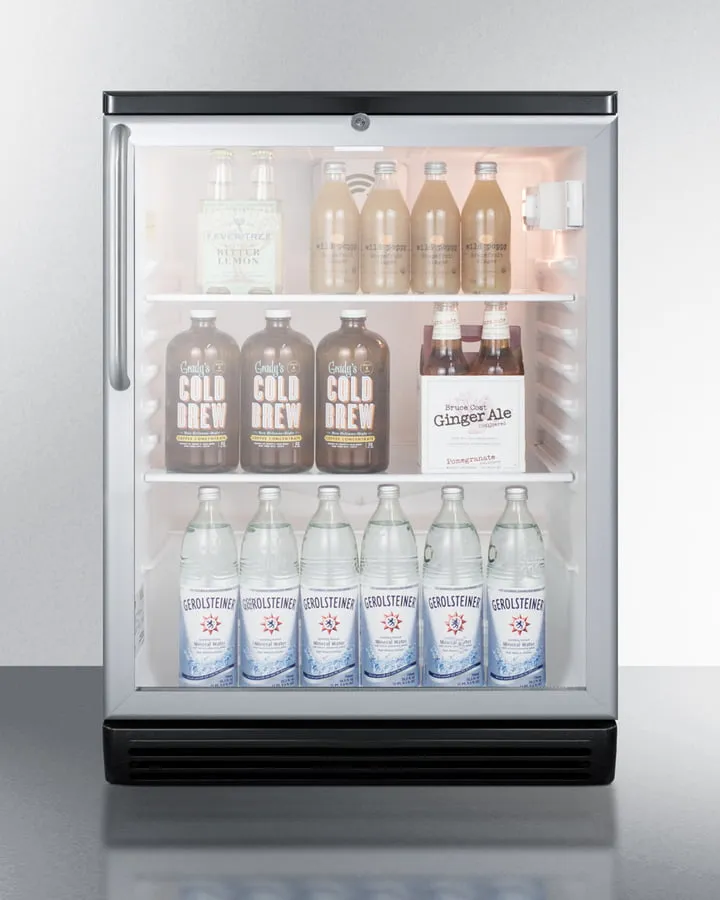 Summit SCR600BGLBITB Commercially Listed 5.5 Cu.Ft. Built-In Undercounter Beverage Center In A 24" Footprint, With Black Cabinet, Glass Door, Towel Bar Handle, And Lock