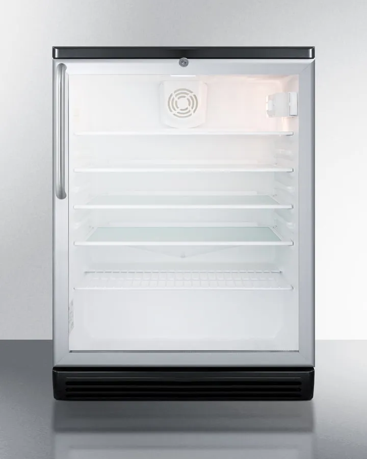 Summit SCR600BGLBITB Commercially Listed 5.5 Cu.Ft. Built-In Undercounter Beverage Center In A 24" Footprint, With Black Cabinet, Glass Door, Towel Bar Handle, And Lock