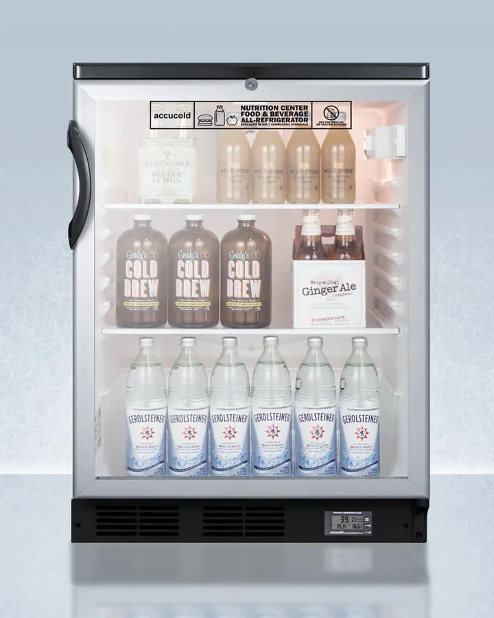 Summit SCR600BGLNZ Commercially Approved Nutrition Center Series Glass Door All-Refrigerator For Freestanding Use, With Front Lock And Digital Temperature Display