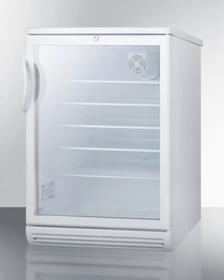 Summit SCR600GLBI Commercially Listed 5.5 Cu.Ft. Built-In Undercounter Beverage Center In A 24" Footprint, With White Cabinet, Glass Door, And Lock