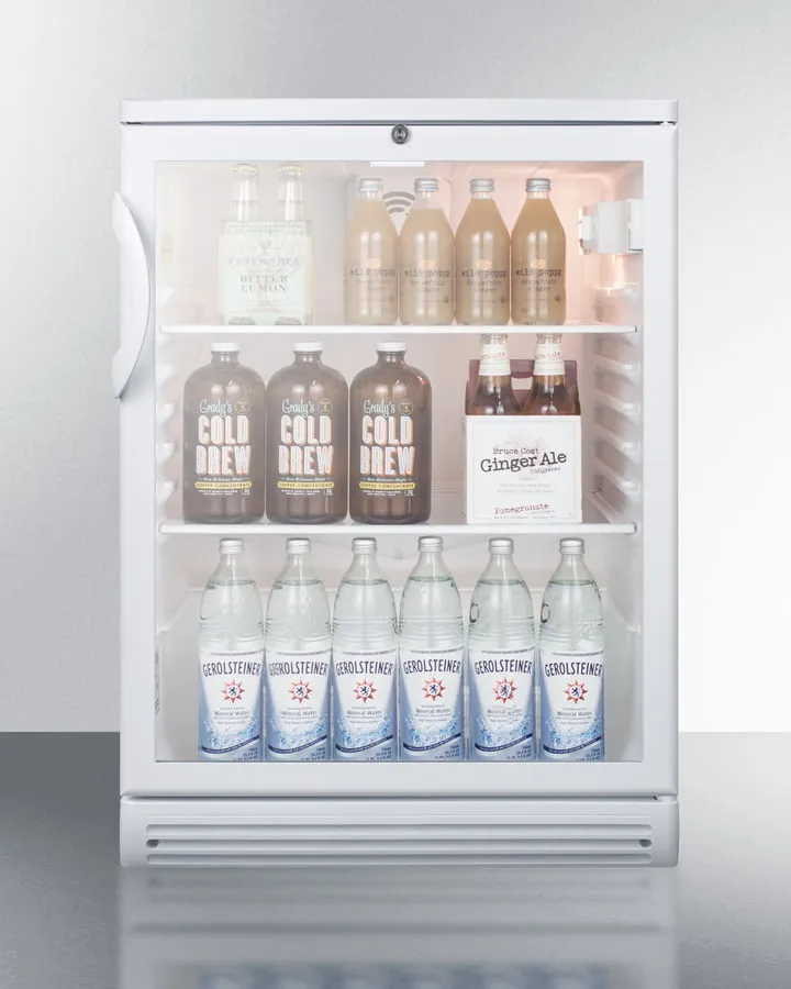 Summit SCR600GLBI Commercially Listed 5.5 Cu.Ft. Built-In Undercounter Beverage Center In A 24" Footprint, With White Cabinet, Glass Door, And Lock