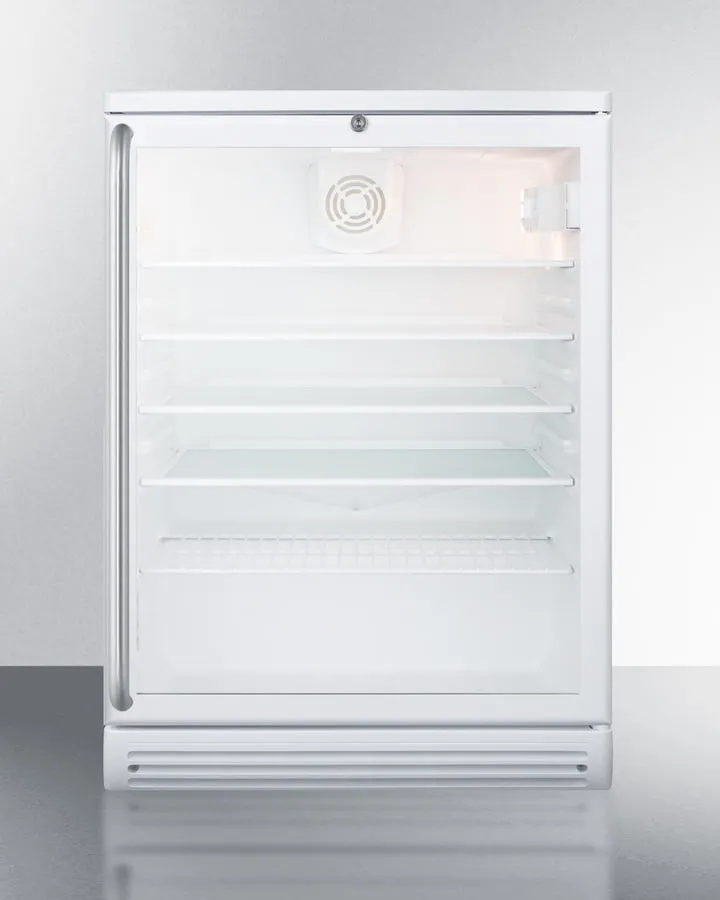 Summit SCR600GLBISH Commercially Listed 5.5 Cu.Ft. Built-In Undercounter Beverage Center In A 24" Footprint, With White Cabinet, Glass Door, Full-Length Towel Bar Handle, And Lock