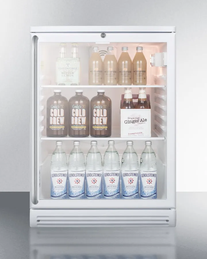 Summit SCR600GLBISH Commercially Listed 5.5 Cu.Ft. Built-In Undercounter Beverage Center In A 24" Footprint, With White Cabinet, Glass Door, Full-Length Towel Bar Handle, And Lock