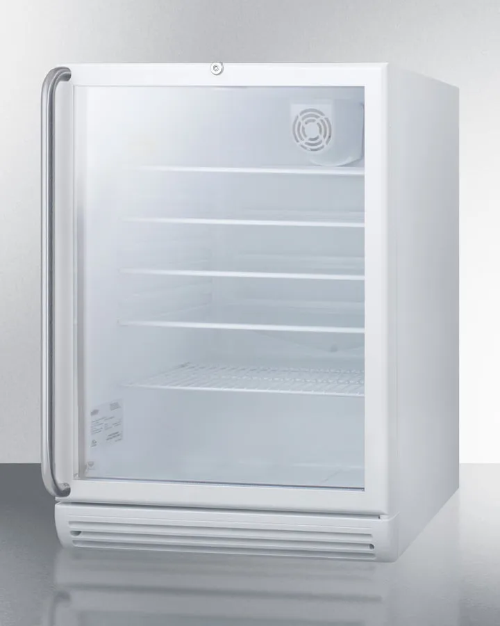 Summit SCR600GLSHADA Commercially Listed Ada Compliant 5.5 Cu.Ft. Freestanding Beverage Center In A 24" Footprint, With White Cabinet, Glass Door, Full-Length Towel Bar Handle, And Lock