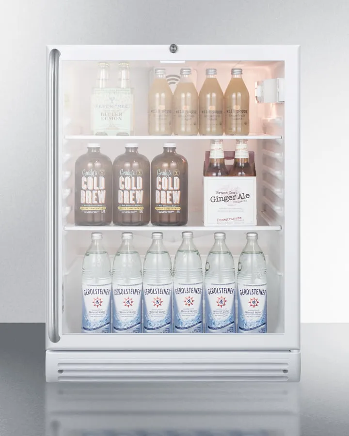 Summit SCR600GLSHADA Commercially Listed Ada Compliant 5.5 Cu.Ft. Freestanding Beverage Center In A 24" Footprint, With White Cabinet, Glass Door, Full-Length Towel Bar Handle, And Lock