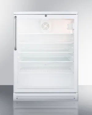Summit SCR600GLTB Commercially Listed 5.5 Cu.Ft. Counter Height Beverage Center In A 24" Footprint, With White Cabinet, Glass Door, Towel Bar Handle, And Lock