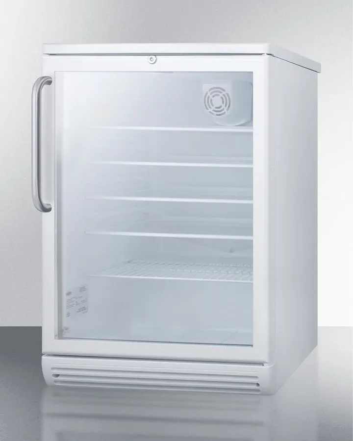 Summit SCR600GLTB Commercially Listed 5.5 Cu.Ft. Counter Height Beverage Center In A 24" Footprint, With White Cabinet, Glass Door, Towel Bar Handle, And Lock