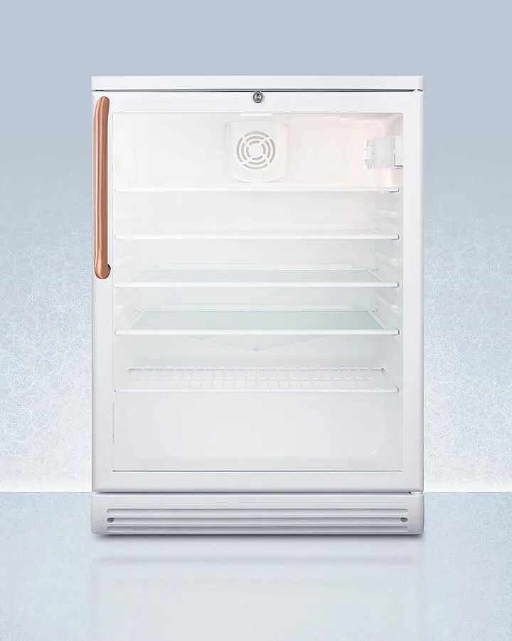 Summit SCR600GLTBC Commercially Listed 5.5 Cu.Ft. Counter Height Beverage Center In A 24" Footprint, With Pure Copper Handle, White Cabinet, Glass Door, And Lock