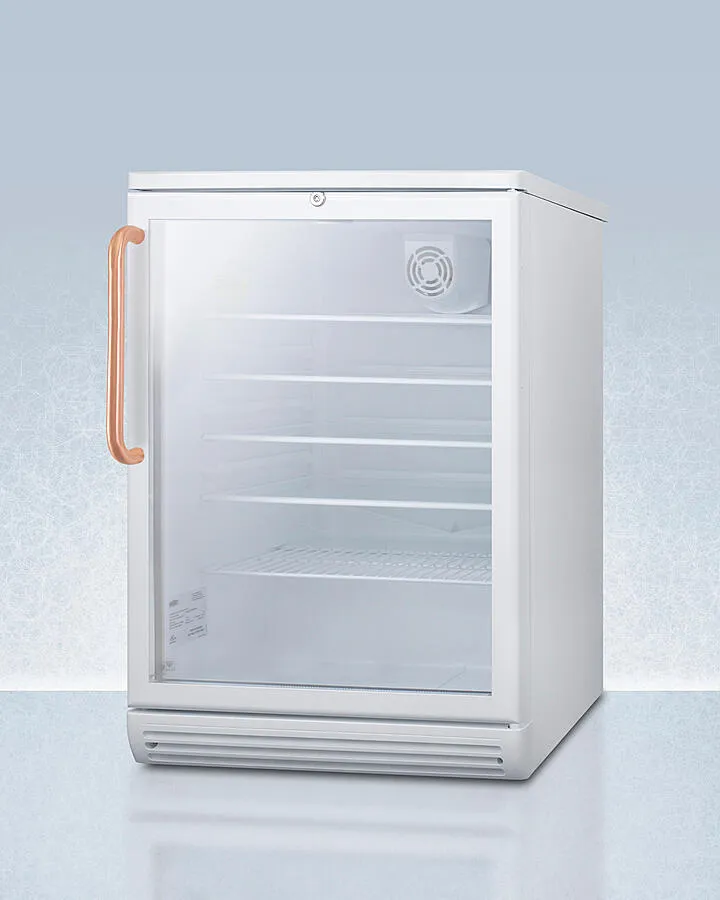 Summit SCR600GLTBC Commercially Listed 5.5 Cu.Ft. Counter Height Beverage Center In A 24" Footprint, With Pure Copper Handle, White Cabinet, Glass Door, And Lock