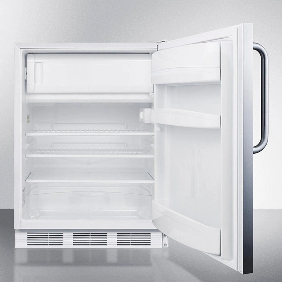 Summit CT66LWBISSTBADA Built-In Undercounter Ada Compliant Refrigerator-Freezer For General Purpose Use, W/Dual Evaporator Cooling, Lock, Ss Door, Tb Handle, White Cabinet