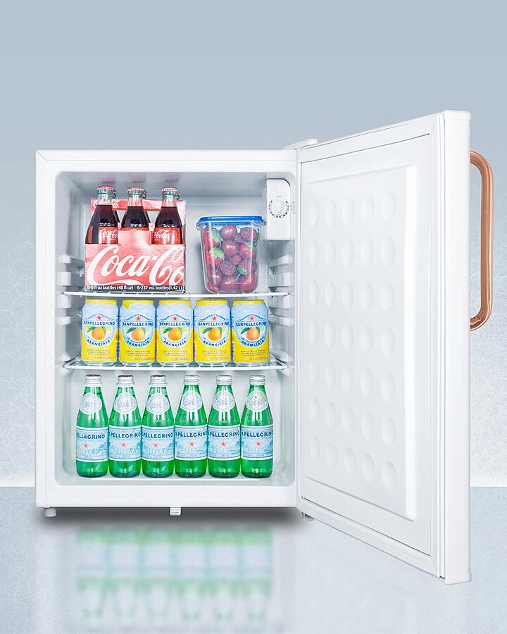 Summit FF28LWHTBC Compact All-Refrigerator With Automatic Defrost, Pure Copper Handle, Front-Mounted Lock, And White Finish