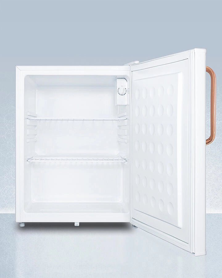 Summit FF28LWHTBC Compact All-Refrigerator With Automatic Defrost, Pure Copper Handle, Front-Mounted Lock, And White Finish
