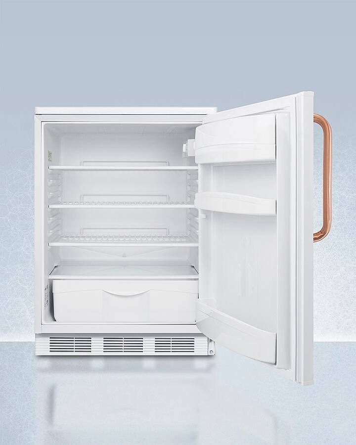 Summit FF6LWTBC Freestanding Counter Height All-Refrigerator For General Purpose Use, With Pure Copper Handle, Front Lock, Automatic Defrost Operation, And White Exterior