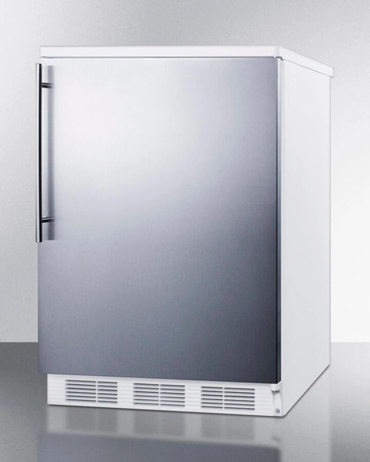 Summit FF6SSHV Freestanding Counter Height All-Refrigerator For General Purpose Use, Auto Defrost W/Stainless Steel Wrapped Door, Thin Handle, And White Cabinet