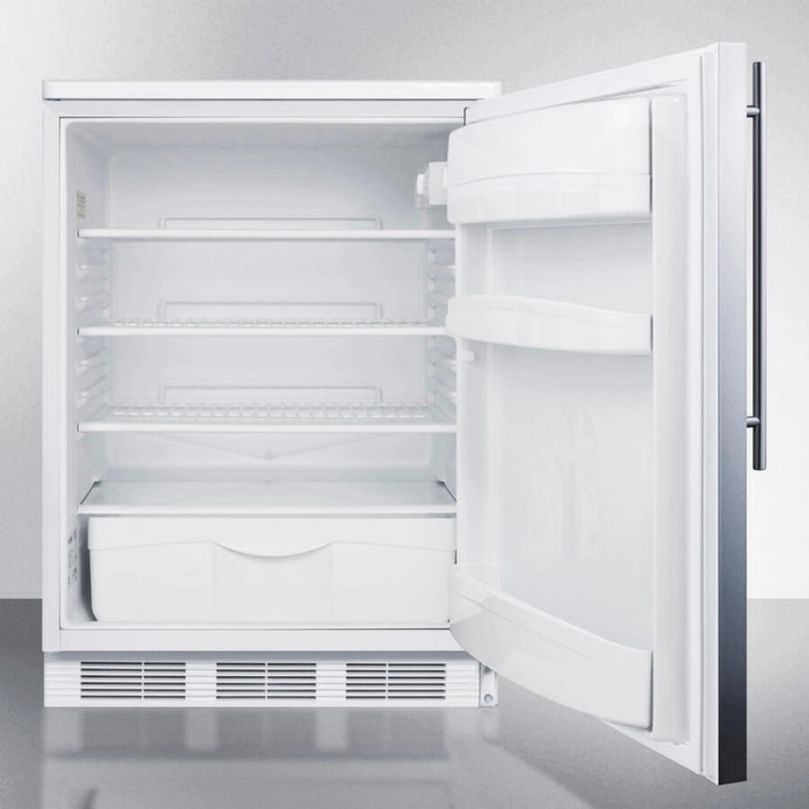 Summit FF6SSHV Freestanding Counter Height All-Refrigerator For General Purpose Use, Auto Defrost W/Stainless Steel Wrapped Door, Thin Handle, And White Cabinet