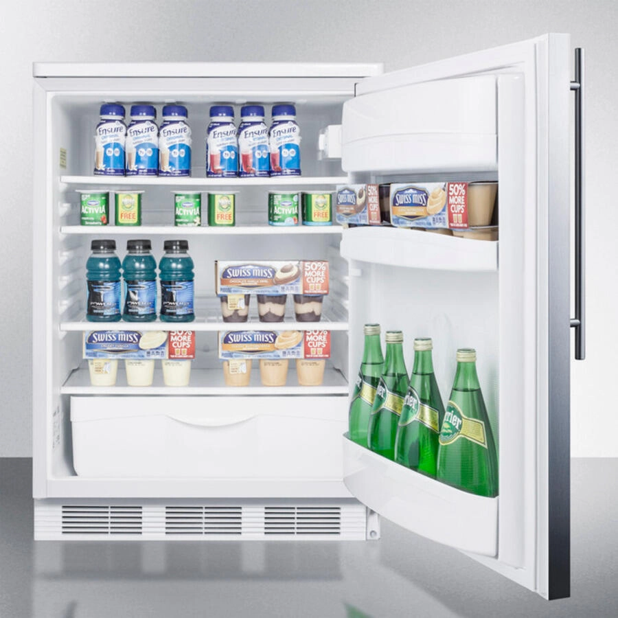 Summit FF6SSHV Freestanding Counter Height All-Refrigerator For General Purpose Use, Auto Defrost W/Stainless Steel Wrapped Door, Thin Handle, And White Cabinet