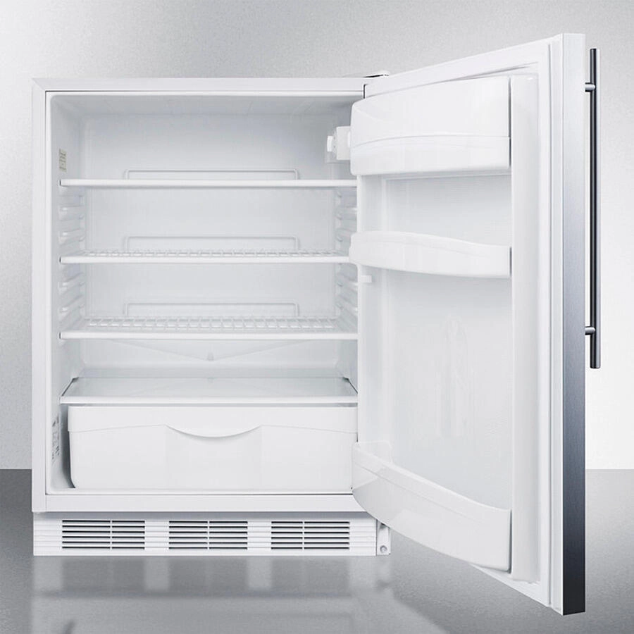 Summit FF6WBI7SSHVADA Ada Compliant Commercial All-Refrigerator For Built-In General Purpose Use, Auto Defrost W/Stainless Steel Wrapped Door, Thin Handle, And White Cabinet