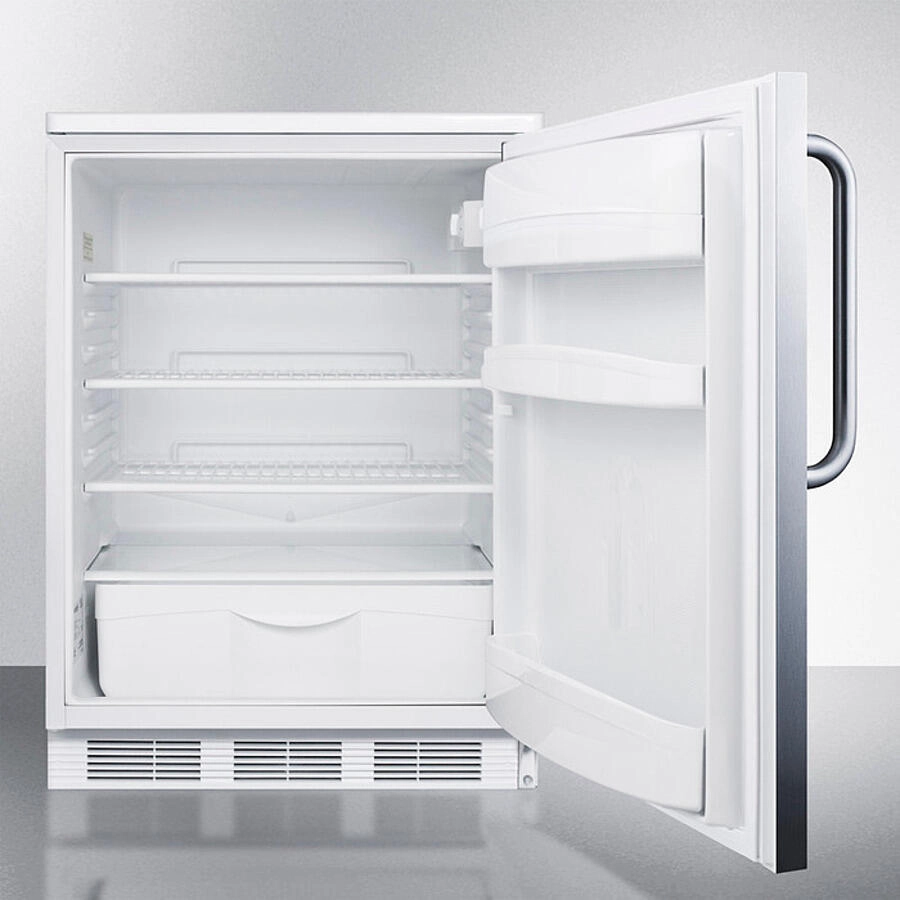 Summit FF6WBISSTB Built-In Undercounter All-Refrigerator For General Purpose Use W/Automatic Defrost, Stainless Steel Wrapped Door, Towel Bar Handle, And White Cabinet